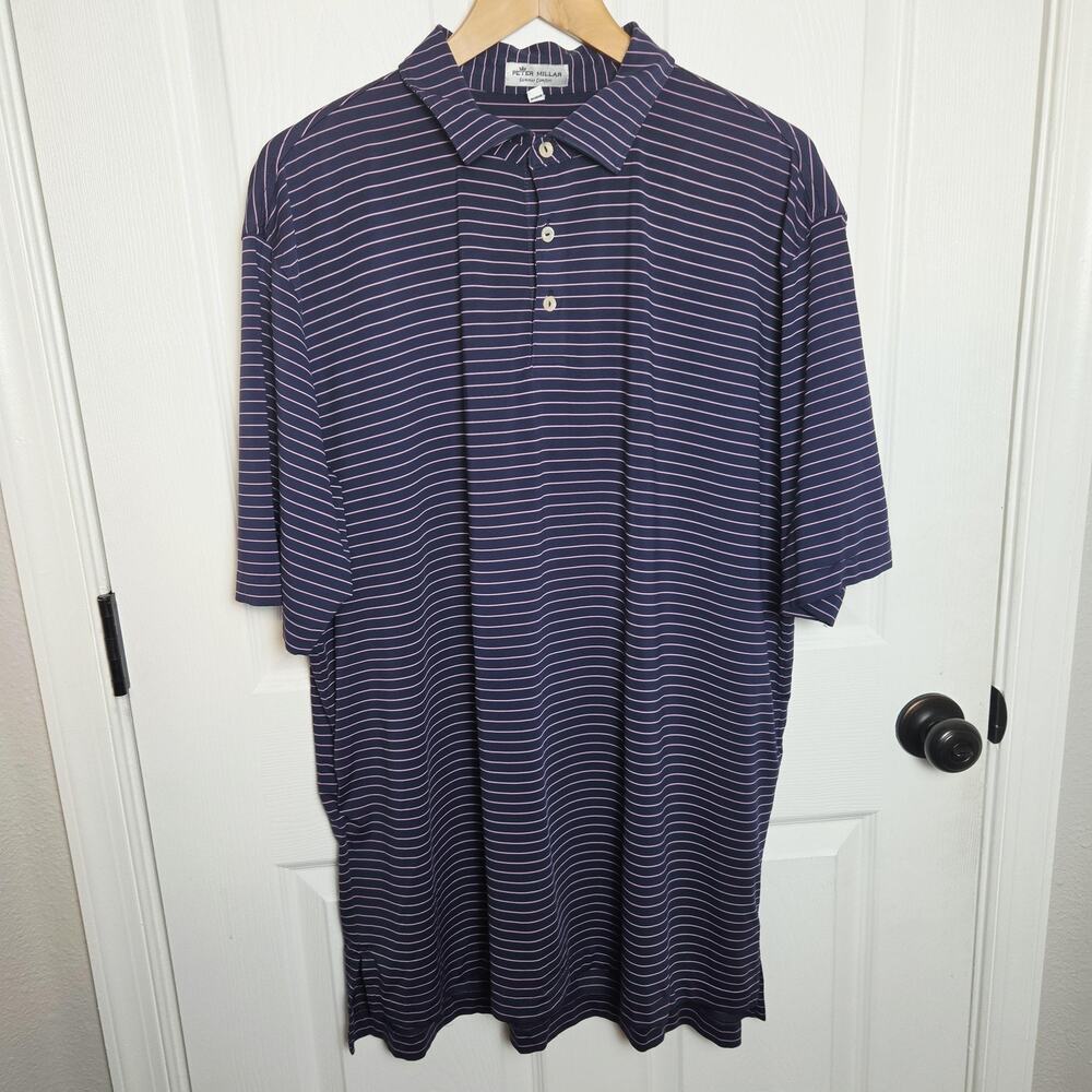Peter Millar Polo Shirt Mens XL Blue Pink Stripe Summer Comfort Performance Golf